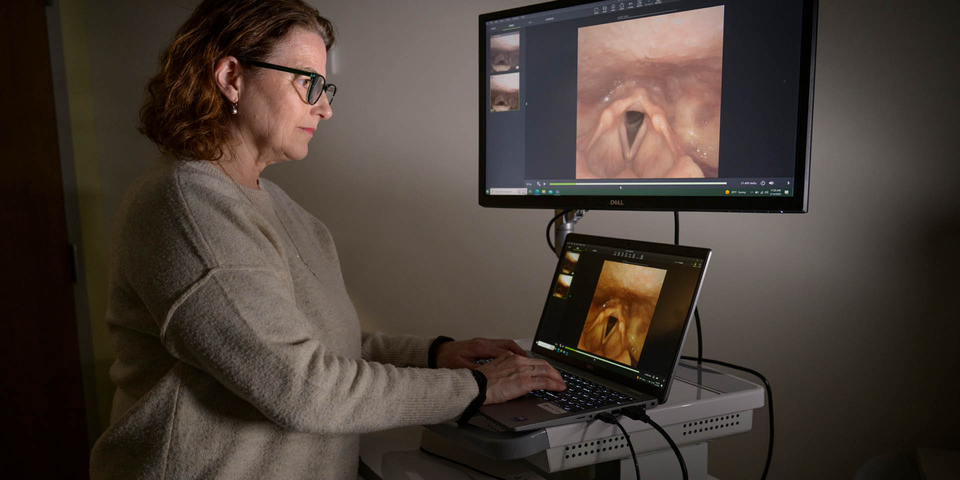 To perform the study, the speech-language pathologist inserts a flexible scope with a tiny camera through the nose to observe the throat from above the tongue. | Penn Medicine Doylestown Health